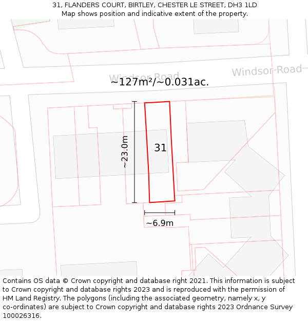 31, FLANDERS COURT, BIRTLEY, CHESTER LE STREET, DH3 1LD: Plot and title map