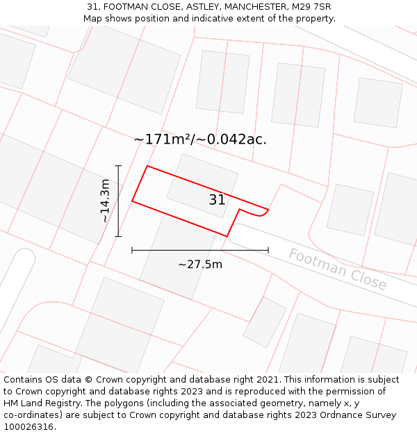 31, FOOTMAN CLOSE, ASTLEY, MANCHESTER, M29 7SR: Plot and title map