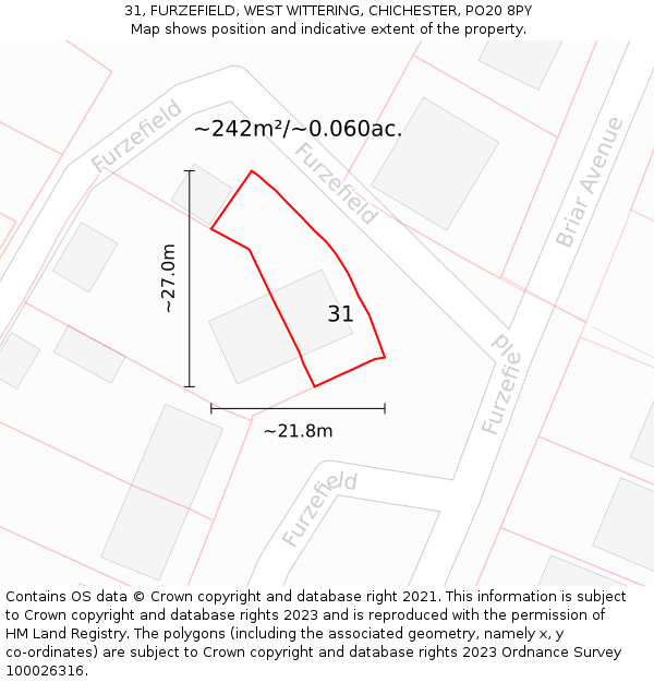 31, FURZEFIELD, WEST WITTERING, CHICHESTER, PO20 8PY: Plot and title map