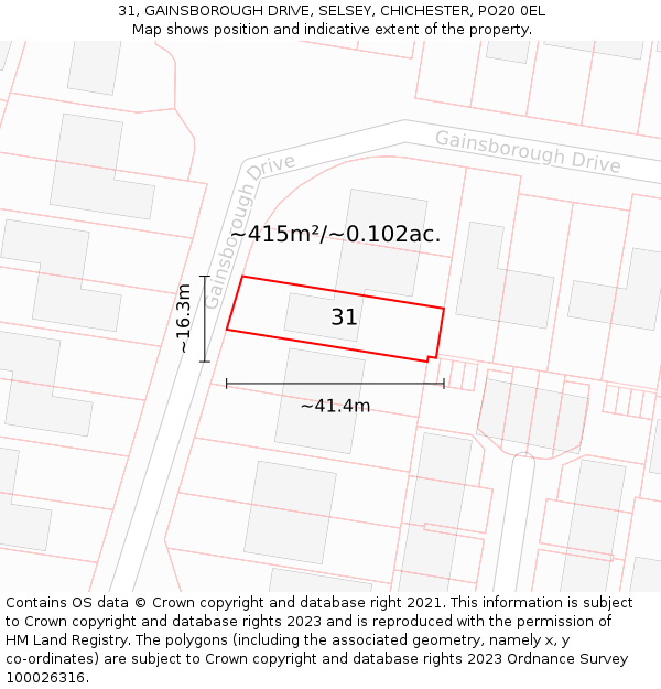 31, GAINSBOROUGH DRIVE, SELSEY, CHICHESTER, PO20 0EL: Plot and title map