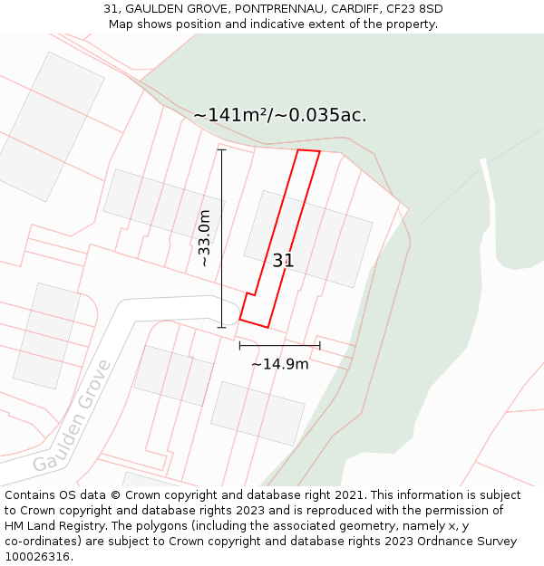 31, GAULDEN GROVE, PONTPRENNAU, CARDIFF, CF23 8SD: Plot and title map