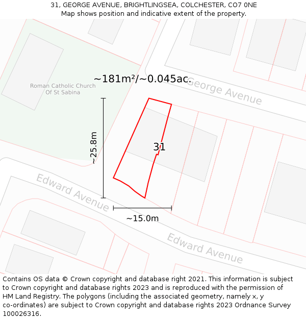 31, GEORGE AVENUE, BRIGHTLINGSEA, COLCHESTER, CO7 0NE: Plot and title map