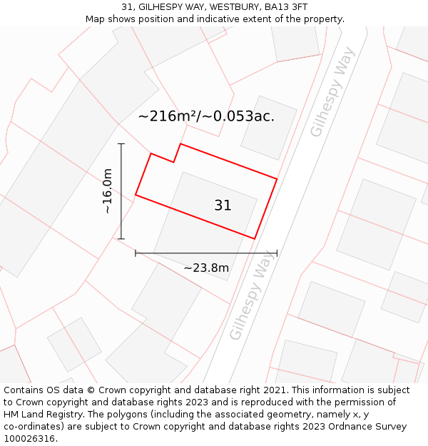 31, GILHESPY WAY, WESTBURY, BA13 3FT: Plot and title map