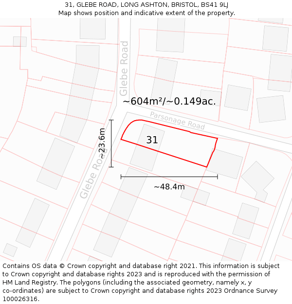 31, GLEBE ROAD, LONG ASHTON, BRISTOL, BS41 9LJ: Plot and title map