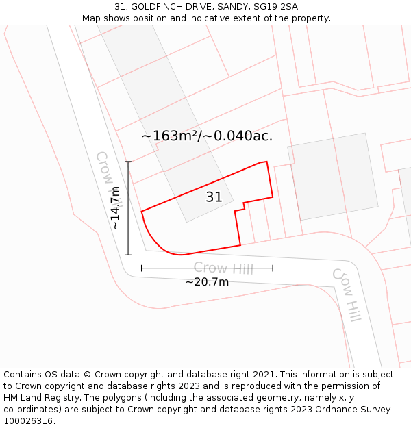 31, GOLDFINCH DRIVE, SANDY, SG19 2SA: Plot and title map