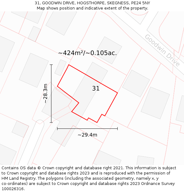 31, GOODWIN DRIVE, HOGSTHORPE, SKEGNESS, PE24 5NY: Plot and title map