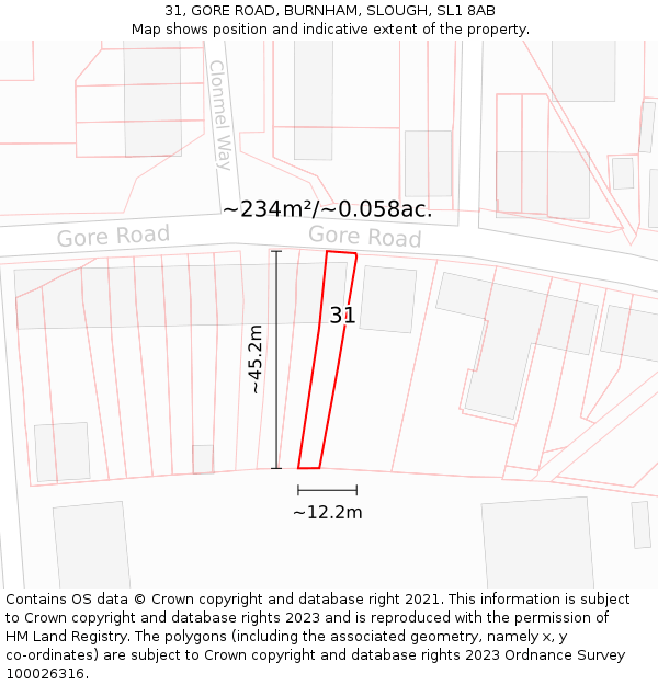 31, GORE ROAD, BURNHAM, SLOUGH, SL1 8AB: Plot and title map