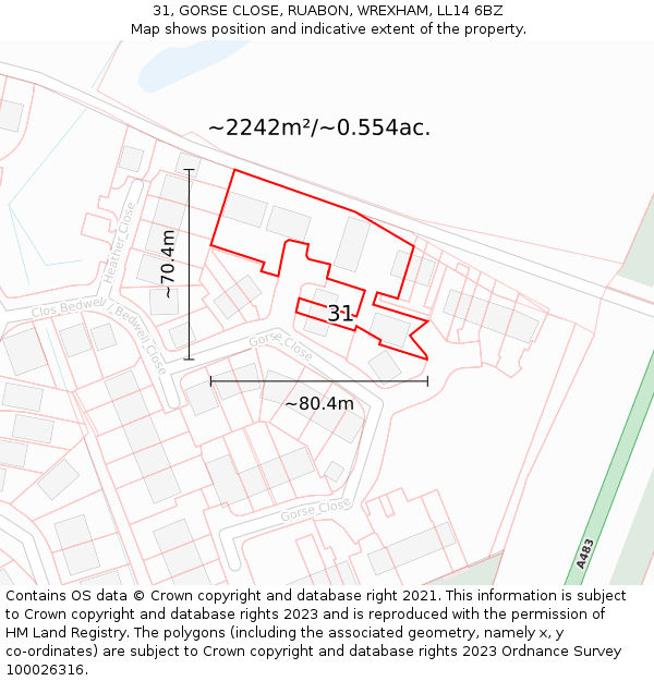 31, GORSE CLOSE, RUABON, WREXHAM, LL14 6BZ: Plot and title map