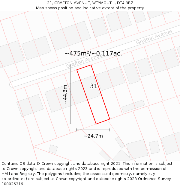 31, GRAFTON AVENUE, WEYMOUTH, DT4 9RZ: Plot and title map