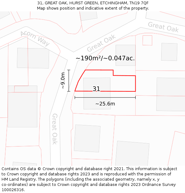 31, GREAT OAK, HURST GREEN, ETCHINGHAM, TN19 7QF: Plot and title map