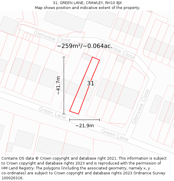 31, GREEN LANE, CRAWLEY, RH10 8JX: Plot and title map