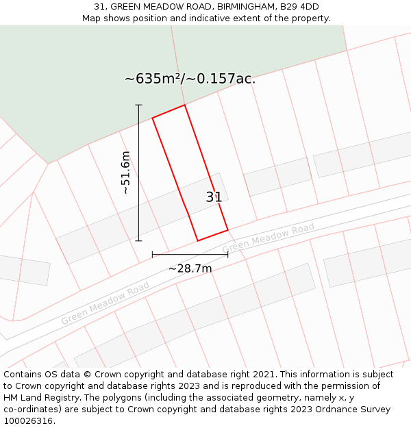 31, GREEN MEADOW ROAD, BIRMINGHAM, B29 4DD: Plot and title map