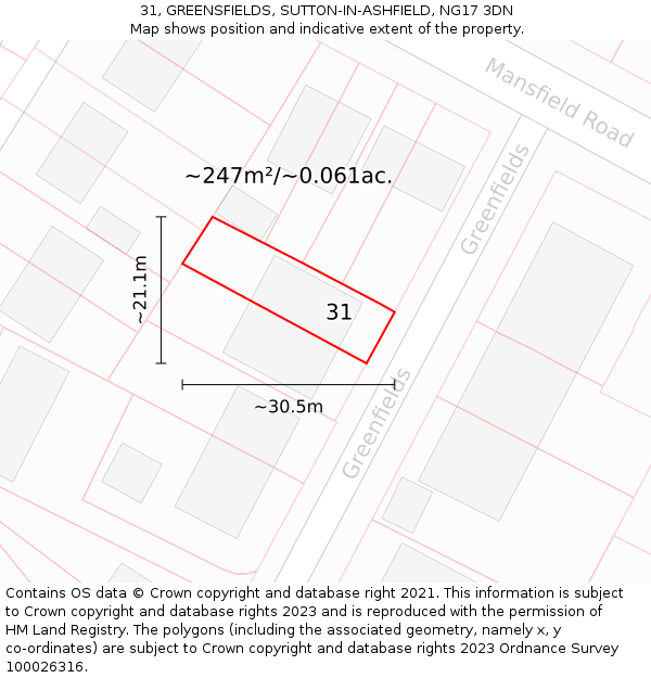 31, GREENSFIELDS, SUTTON-IN-ASHFIELD, NG17 3DN: Plot and title map