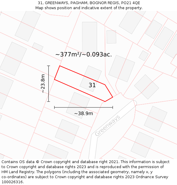 31, GREENWAYS, PAGHAM, BOGNOR REGIS, PO21 4QE: Plot and title map