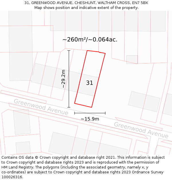 31, GREENWOOD AVENUE, CHESHUNT, WALTHAM CROSS, EN7 5BX: Plot and title map