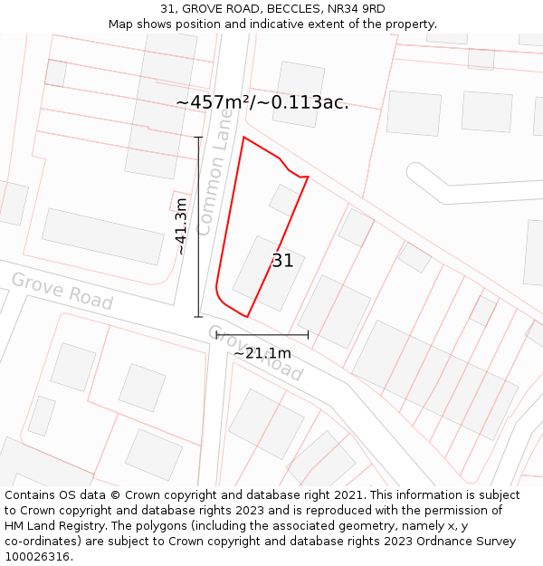 31, GROVE ROAD, BECCLES, NR34 9RD: Plot and title map