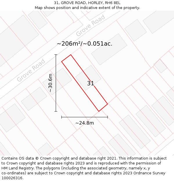 31, GROVE ROAD, HORLEY, RH6 8EL: Plot and title map