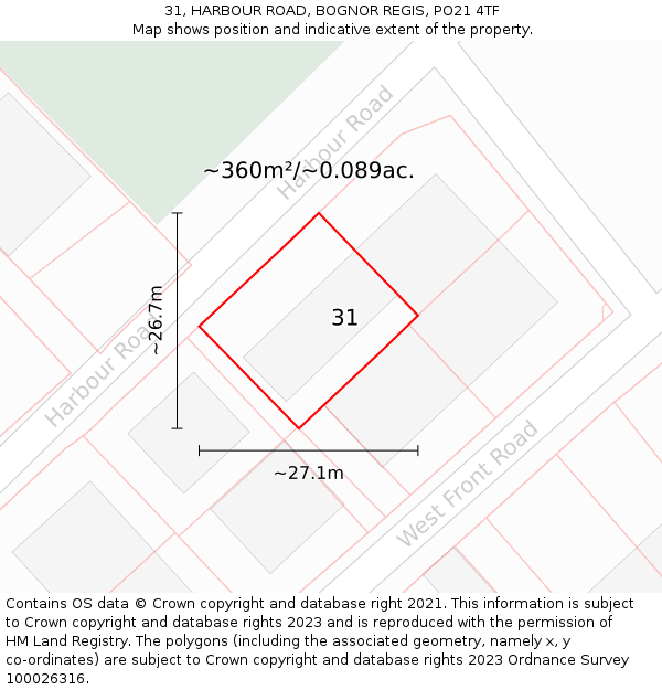 31, HARBOUR ROAD, BOGNOR REGIS, PO21 4TF: Plot and title map