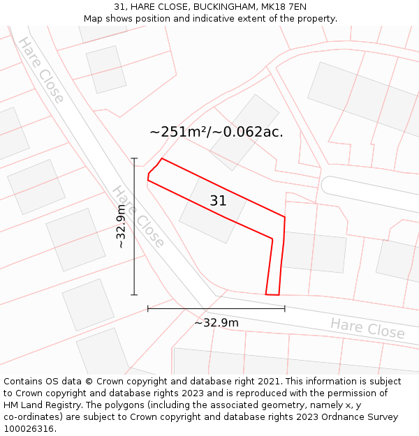 31, HARE CLOSE, BUCKINGHAM, MK18 7EN: Plot and title map