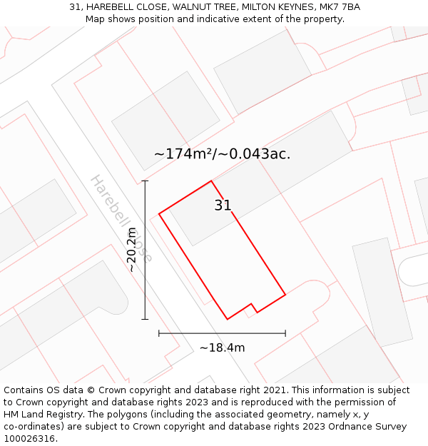 31, HAREBELL CLOSE, WALNUT TREE, MILTON KEYNES, MK7 7BA: Plot and title map