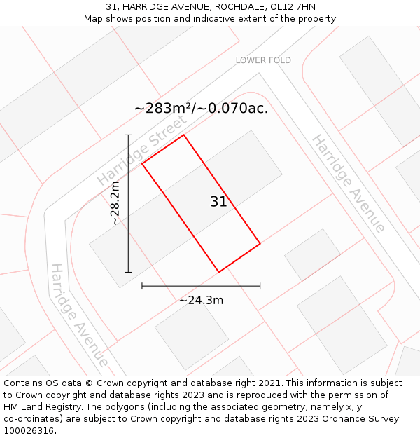 31, HARRIDGE AVENUE, ROCHDALE, OL12 7HN: Plot and title map