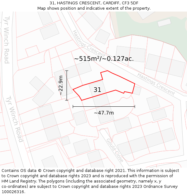 31, HASTINGS CRESCENT, CARDIFF, CF3 5DF: Plot and title map