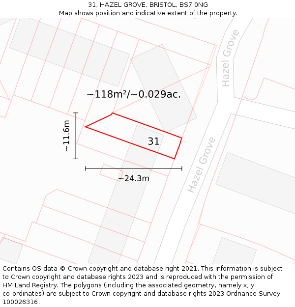 31, HAZEL GROVE, BRISTOL, BS7 0NG: Plot and title map