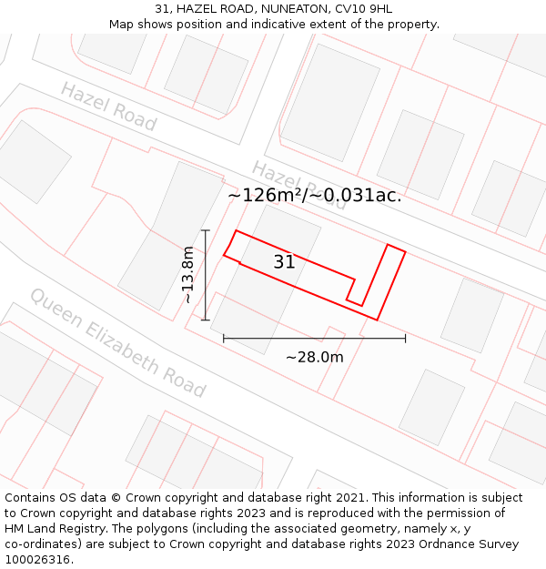 31, HAZEL ROAD, NUNEATON, CV10 9HL: Plot and title map