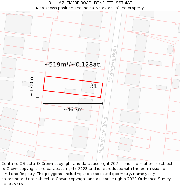 31, HAZLEMERE ROAD, BENFLEET, SS7 4AF: Plot and title map