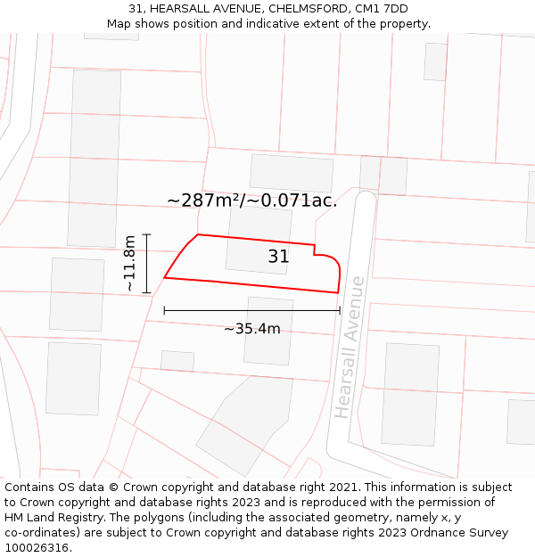 31, HEARSALL AVENUE, CHELMSFORD, CM1 7DD: Plot and title map