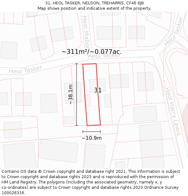 31, HEOL TASKER, NELSON, TREHARRIS, CF46 6JB: Plot and title map