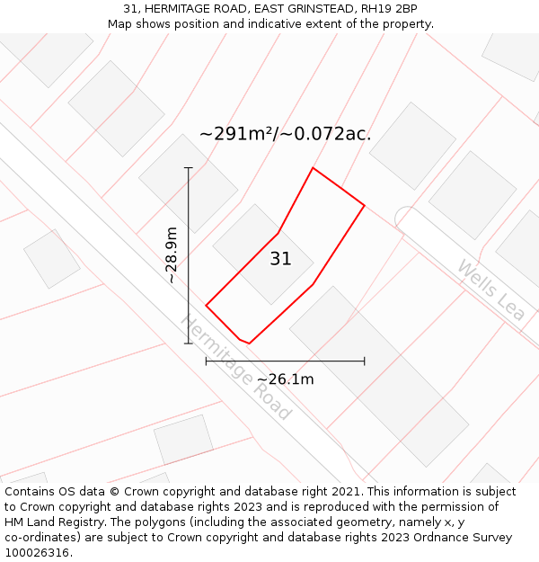 31, HERMITAGE ROAD, EAST GRINSTEAD, RH19 2BP: Plot and title map