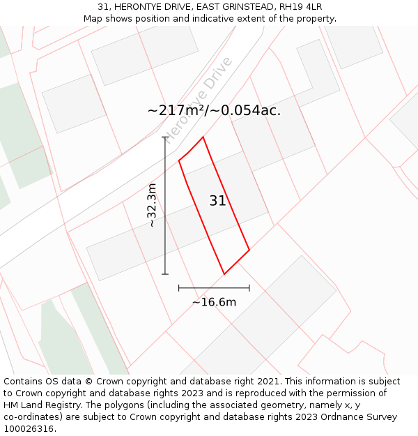 31, HERONTYE DRIVE, EAST GRINSTEAD, RH19 4LR: Plot and title map