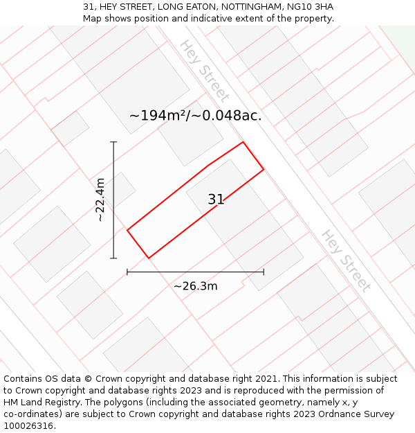 31, HEY STREET, LONG EATON, NOTTINGHAM, NG10 3HA: Plot and title map