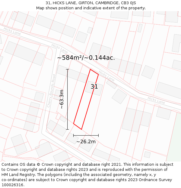 31, HICKS LANE, GIRTON, CAMBRIDGE, CB3 0JS: Plot and title map