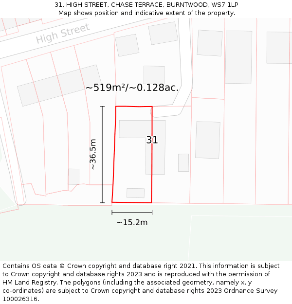 31, HIGH STREET, CHASE TERRACE, BURNTWOOD, WS7 1LP: Plot and title map