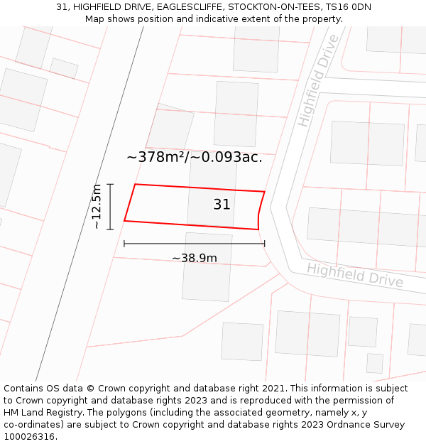 31, HIGHFIELD DRIVE, EAGLESCLIFFE, STOCKTON-ON-TEES, TS16 0DN: Plot and title map