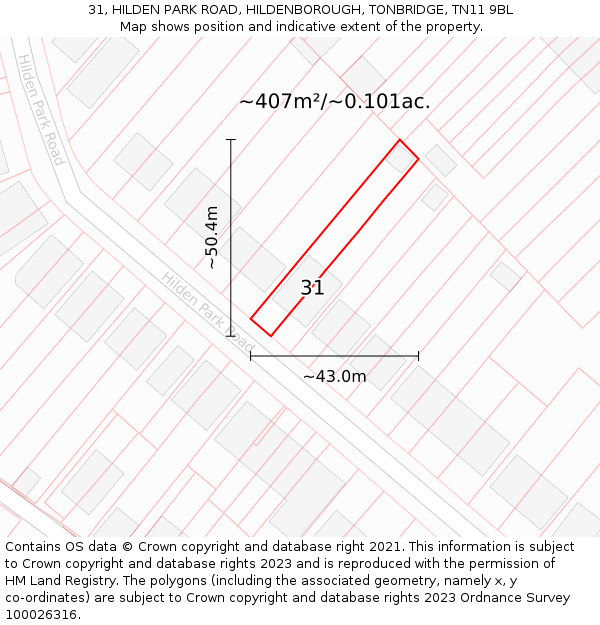 31, HILDEN PARK ROAD, HILDENBOROUGH, TONBRIDGE, TN11 9BL: Plot and title map