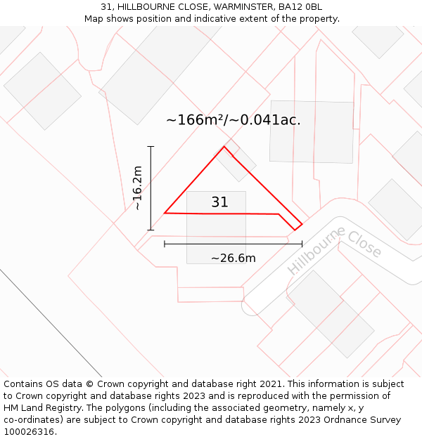 31, HILLBOURNE CLOSE, WARMINSTER, BA12 0BL: Plot and title map