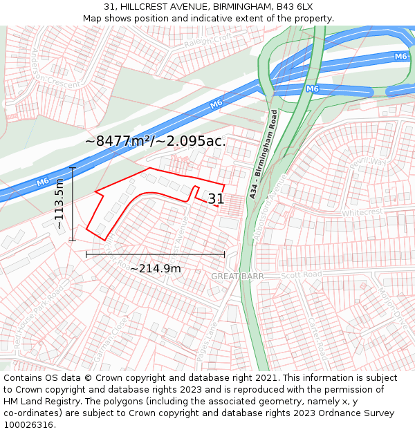 31, HILLCREST AVENUE, BIRMINGHAM, B43 6LX: Plot and title map