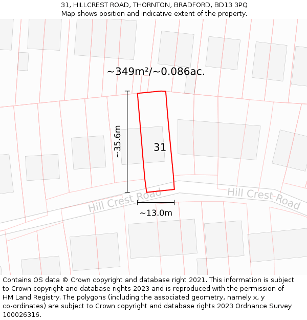 31, HILLCREST ROAD, THORNTON, BRADFORD, BD13 3PQ: Plot and title map