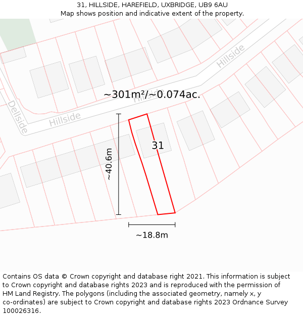 31, HILLSIDE, HAREFIELD, UXBRIDGE, UB9 6AU: Plot and title map