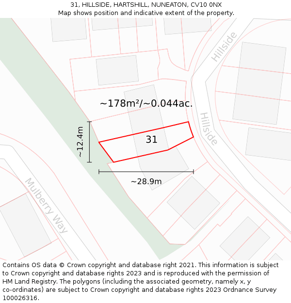 31, HILLSIDE, HARTSHILL, NUNEATON, CV10 0NX: Plot and title map