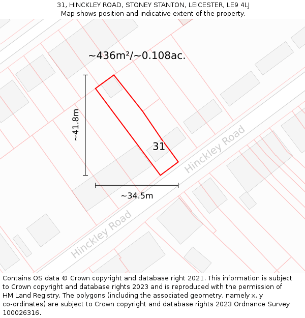 31, HINCKLEY ROAD, STONEY STANTON, LEICESTER, LE9 4LJ: Plot and title map