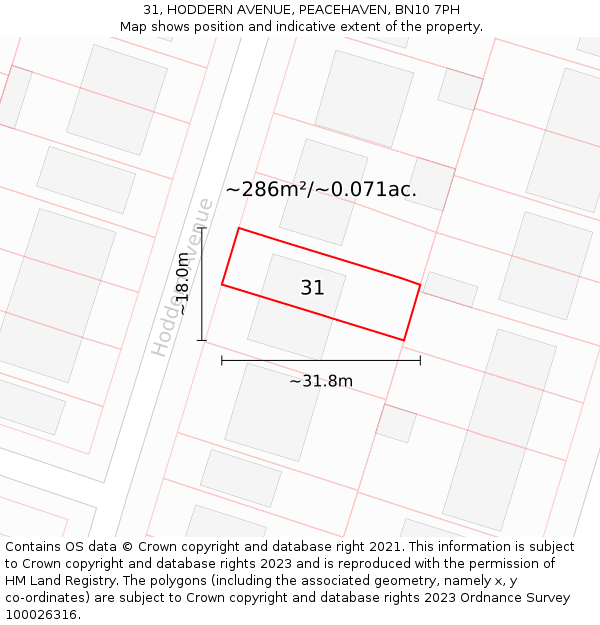 31, HODDERN AVENUE, PEACEHAVEN, BN10 7PH: Plot and title map