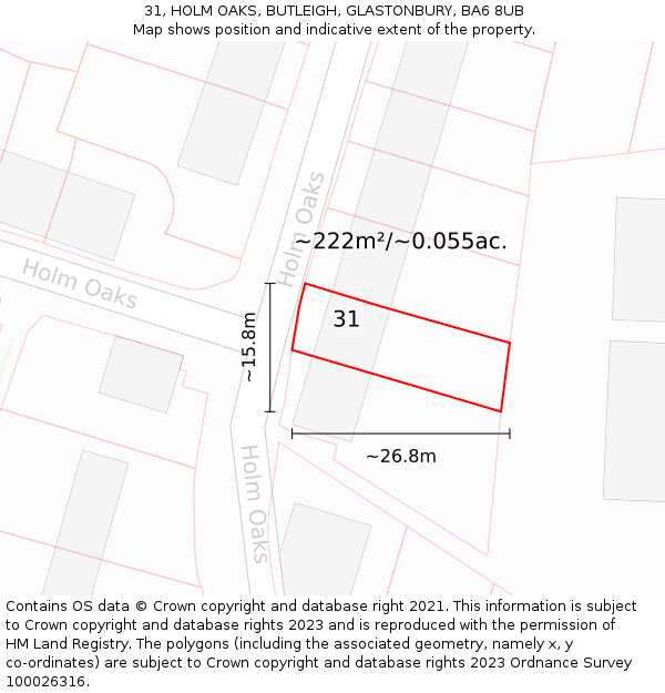 31, HOLM OAKS, BUTLEIGH, GLASTONBURY, BA6 8UB: Plot and title map