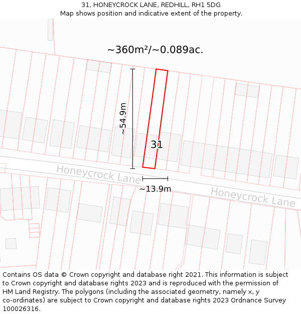 31, HONEYCROCK LANE, REDHILL, RH1 5DG: Plot and title map