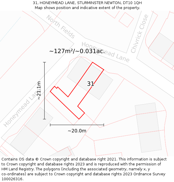 31, HONEYMEAD LANE, STURMINSTER NEWTON, DT10 1QH: Plot and title map