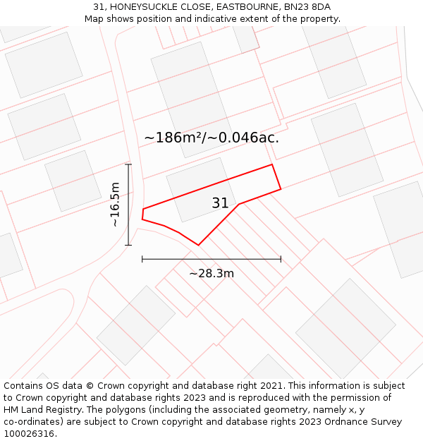 31, HONEYSUCKLE CLOSE, EASTBOURNE, BN23 8DA: Plot and title map
