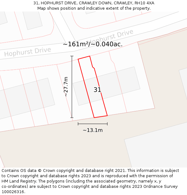 31, HOPHURST DRIVE, CRAWLEY DOWN, CRAWLEY, RH10 4XA: Plot and title map